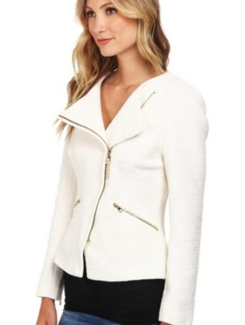 TED BAKER London Ayeleen Ivory Textured Moto Jacket Zip Off white blazer